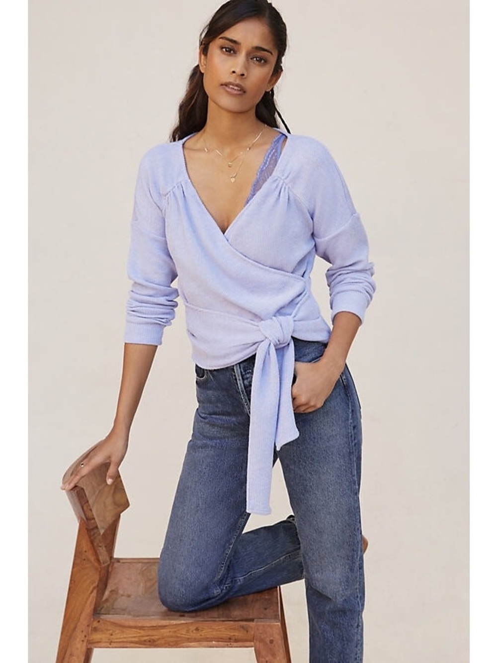 By Anthropologie Blue Periwinkle Ribbed Wrap Front Tie Top Sweater Size Large